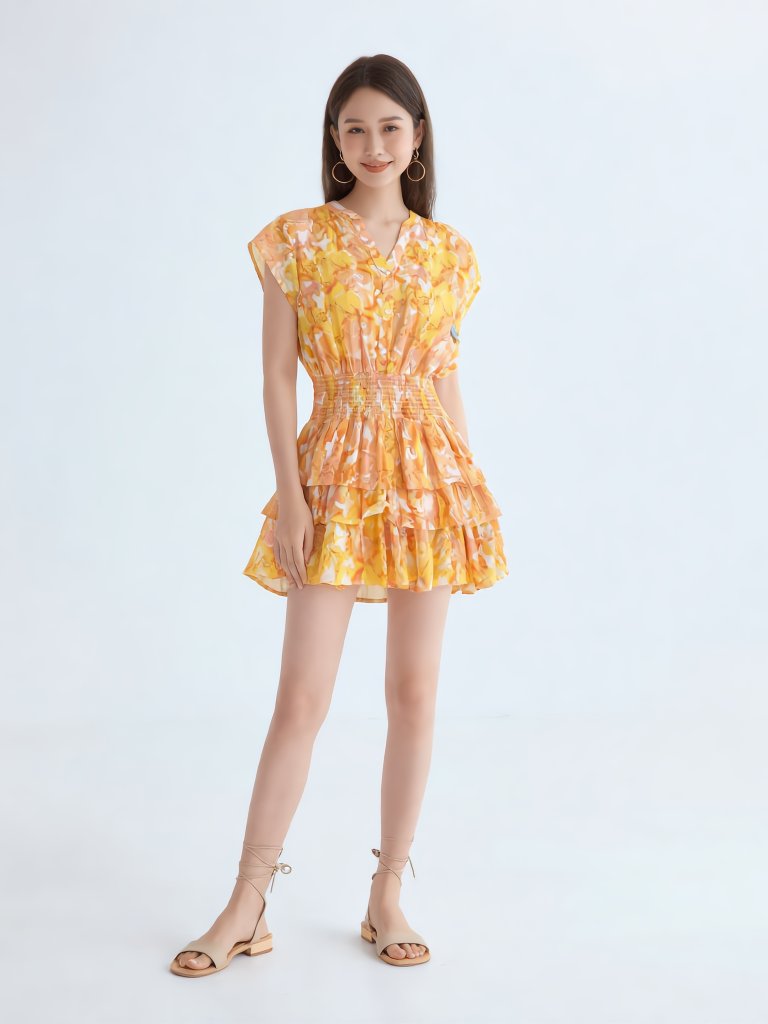 Nwt Tart Collections Yellow Orange Watercolor Smocked Waist Tiered Mini Dress S